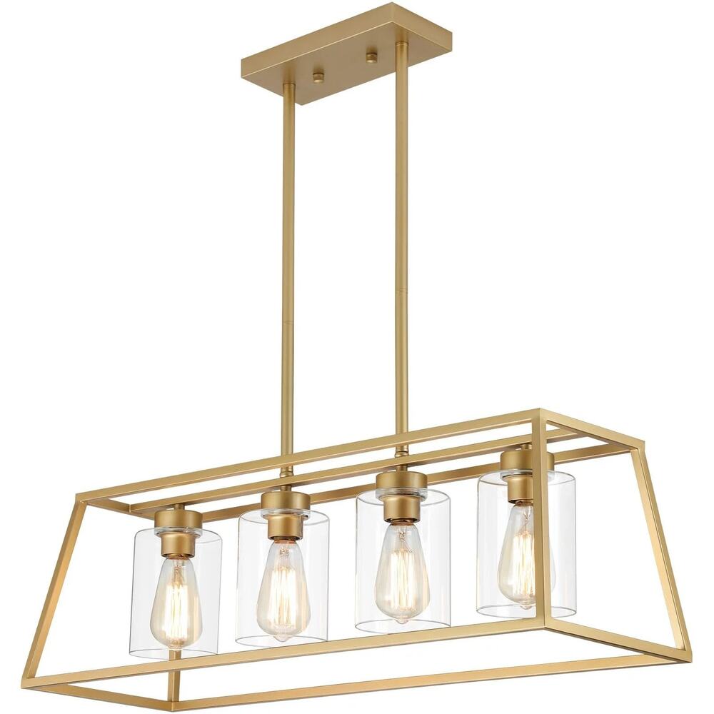 4-Light Gold Rectangle Chandelier Kitchen Island Dining Light Clear Glass Shades